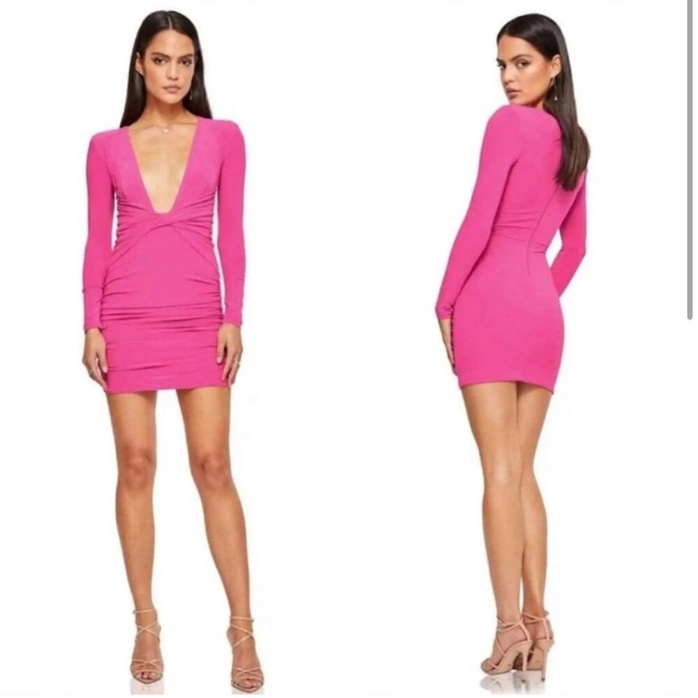 Nookie Envy Mini Dress Long Sleeve Neon Pink Barbie Doll Low Cut Bodycon Sz‎ XS